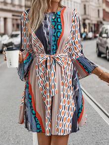SHEIN Clasi Geo Print Belted Dress - Multicolor - View 5