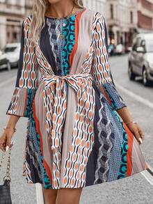 SHEIN Clasi Geo Print Belted Dress - Multicolor - View 6