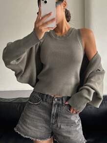 DAZY 罗纹针织落肩开衫和背心，秋装夹克 - 綠色 - 查看 6