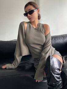 DAZY 罗纹针织落肩开衫和背心，秋装夹克 - 綠色 - 查看 7