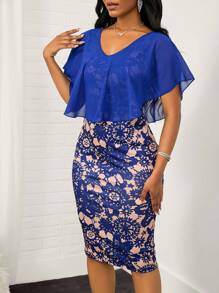 SHEIN Lady Vestido ajustado para invitado de boda elegante de verano con estampado de colores contrastantes y patchwork - Azul - Ver 3