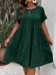 SHEIN LUNE 大碼素色荷葉邊娃娃裙 - 墨綠色 - 查看 1