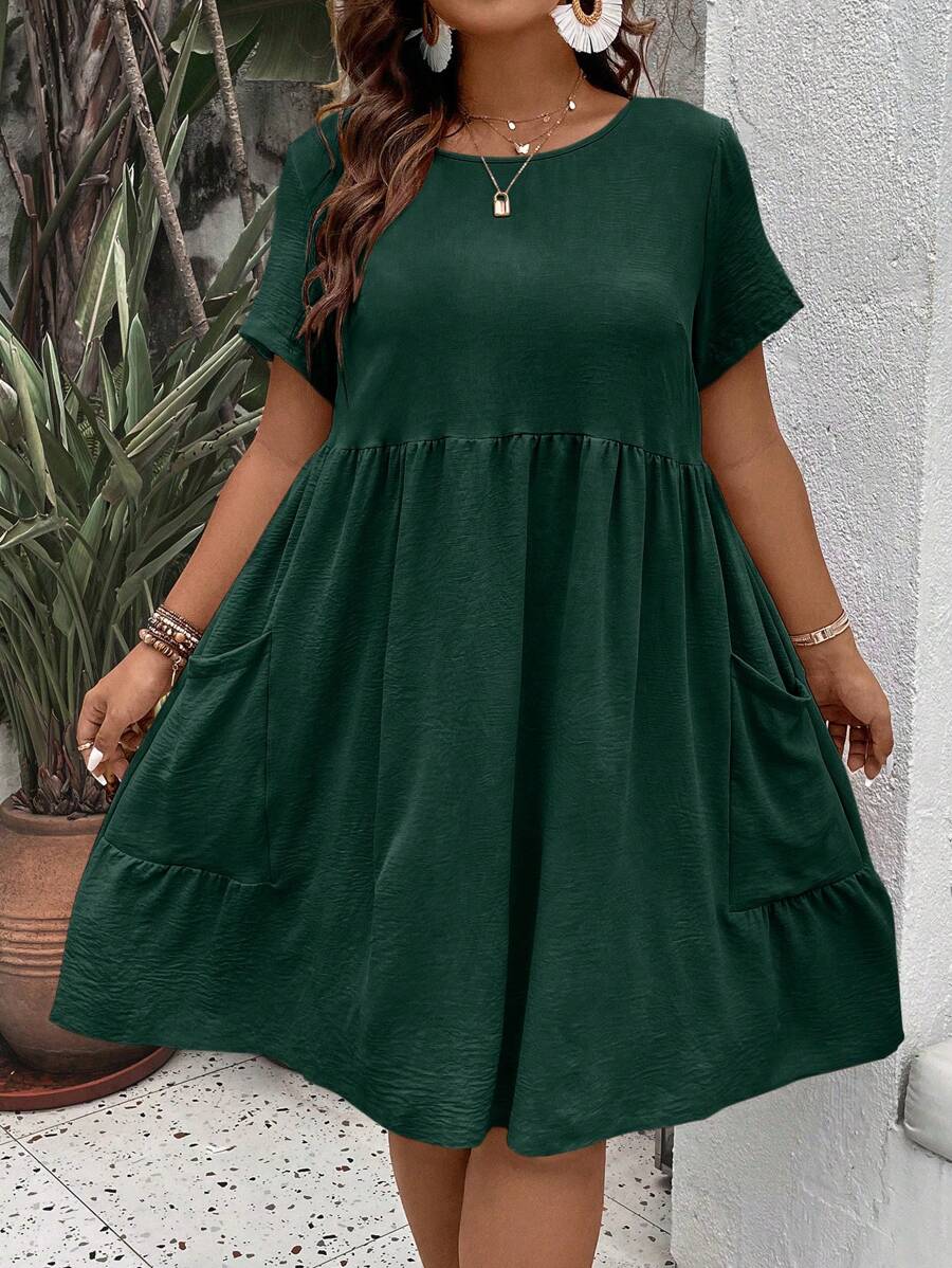 SHEIN LUNE 大碼素色荷葉邊娃娃裙 - 墨綠色 - 查看 1