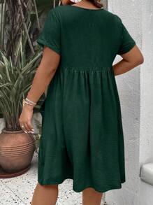 SHEIN LUNE 大碼素色荷葉邊娃娃裙 - 墨綠色 - 查看 2