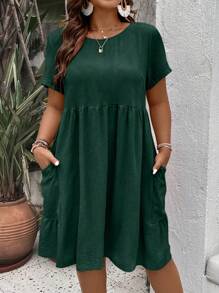 SHEIN LUNE 大碼素色荷葉邊娃娃裙 - 墨綠色 - 查看 4