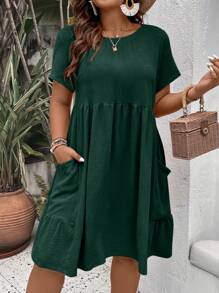 SHEIN LUNE 大碼素色荷葉邊娃娃裙 - 墨綠色 - 查看 5