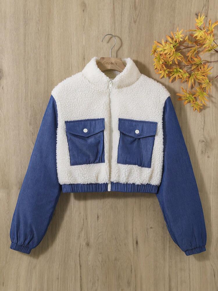 Teen Girl Two Tone Flap Pocket Teddy Panel Jacket