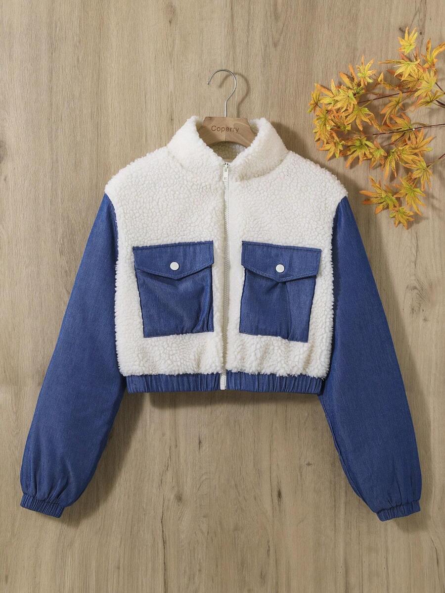 SHEIN Thiếu niên cô gái Hai âm Túi có nắp Tấm Teddy Áo khoác - Xanh và trắng - Xem 1