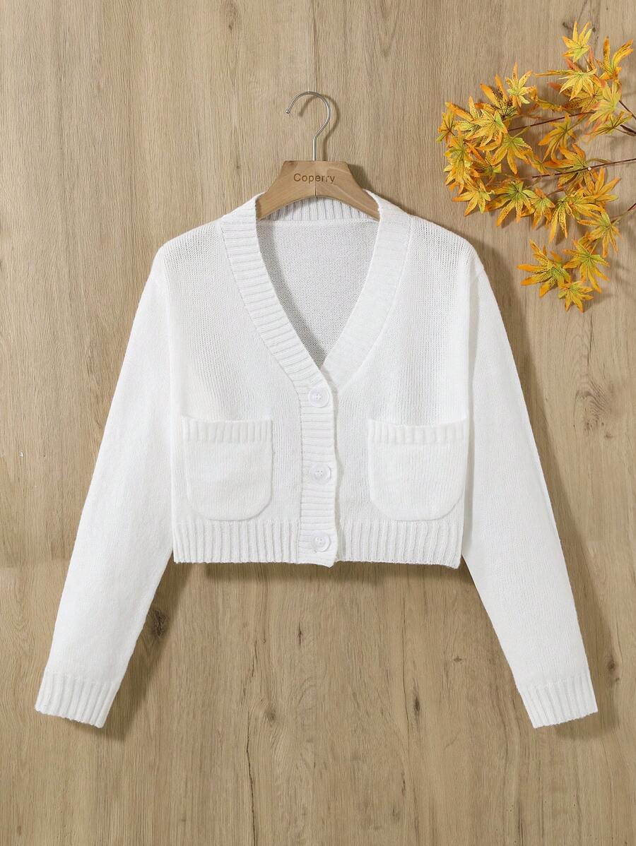 SHEIN 青少年女孩1入組素色前紐扣口袋貼布開襟衫 - 白色 - 查看 1