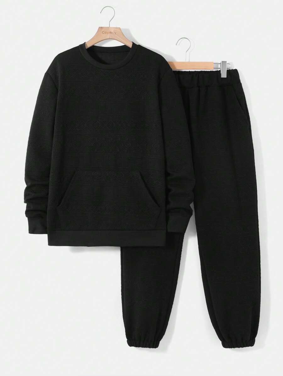 Manfinity 男士素色袋鼠口袋衛衣和衛褲 - 黑色 - 查看 1