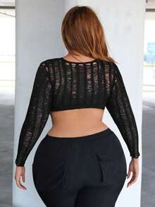 SHEIN SXY 性感挖空純色大碼女士上衣 - 黑色 - 查看 2