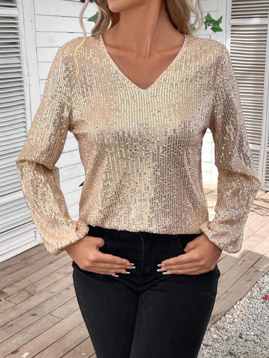 EMERY ROSE V Neck Lantern Sleeve Sequin Blouse - Apricot - View 1