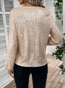 EMERY ROSE V Neck Lantern Sleeve Sequin Blouse - Apricot - View 2