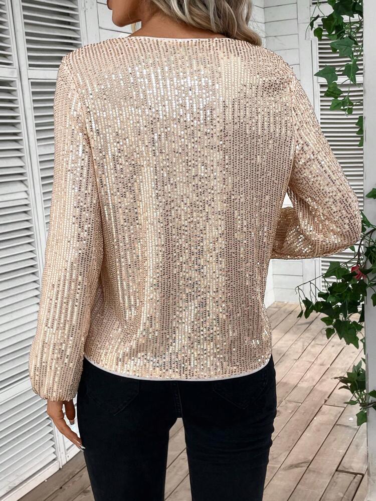 V Neck Lantern Sleeve Sequin Blouse