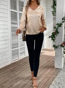 EMERY ROSE V Neck Lantern Sleeve Sequin Blouse - Apricot - View 6