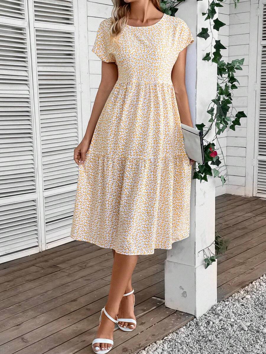 EMERY ROSE Ditsy Floral Print Ruffle Hem Dress - Yellow - View 1