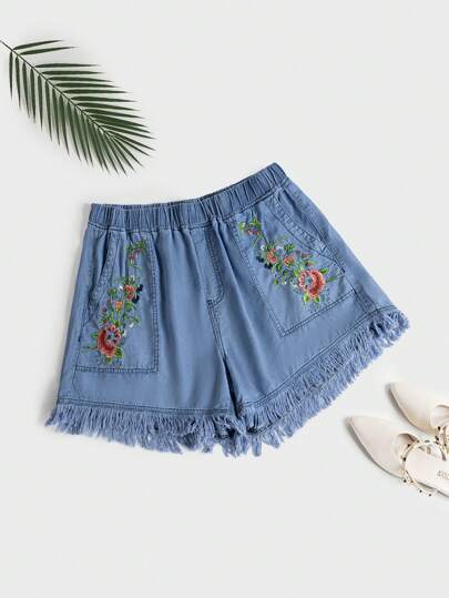 SHEIN LUNE 大碼花卉刺繡毛邊牛仔短褲