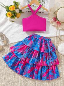 SHEIN Tween Girl Halter Neck Crop Top With Vacation Print Paired With Cake Skirt, 2pcs Set For Beach Holiday - Multicolor - View 1