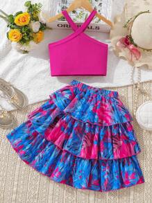 SHEIN Tween Girl Halter Neck Crop Top With Vacation Print Paired With Cake Skirt, 2pcs Set For Beach Holiday - Multicolor - View 2
