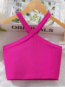 SHEIN Tween Girl Halter Neck Crop Top With Vacation Print Paired With Cake Skirt, 2pcs Set For Beach Holiday - Multicolor - View 3