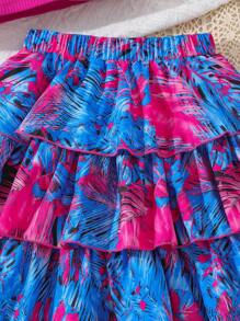 SHEIN Tween Girl Halter Neck Crop Top With Vacation Print Paired With Cake Skirt, 2pcs Set For Beach Holiday - Multicolor - View 4