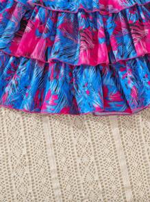 SHEIN Tween Girl Halter Neck Crop Top With Vacation Print Paired With Cake Skirt, 2pcs Set For Beach Holiday - Multicolor - View 5