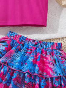 SHEIN Tween Girl Halter Neck Crop Top With Vacation Print Paired With Cake Skirt, 2pcs Set For Beach Holiday - Multicolor - View 6