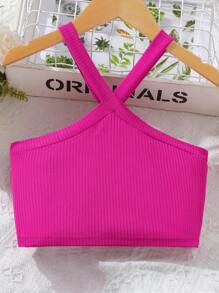 SHEIN Tween Girl Halter Neck Crop Top With Vacation Print Paired With Cake Skirt, 2pcs Set For Beach Holiday - Multicolor - View 7