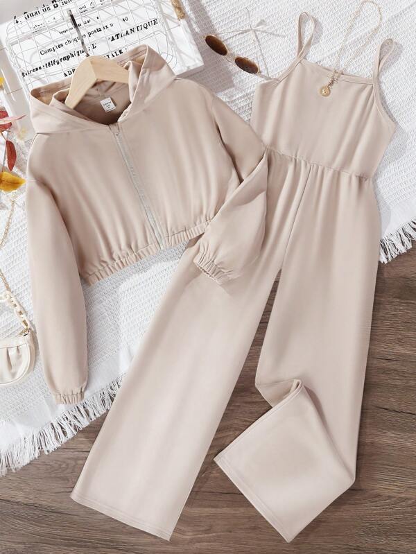 SHEIN Tween Girl Zip Up Hooded Jacket & Cami Jumpsuit
