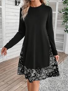 EMERY ROSE Paisley Print Ruffle Hem Dress - Black - View 1