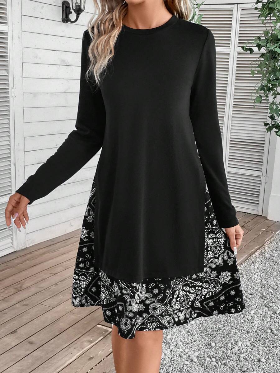 EMERY ROSE Paisley Print Ruffle Hem Dress - Black - View 1