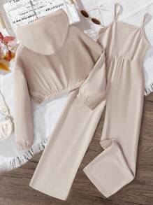 女大童拉鏈開襟連帽夾克&吊帶連體褲 - 卡其色 - 查看 2