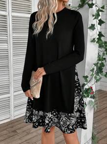 EMERY ROSE Paisley Print Ruffle Hem Dress - Black - View 3