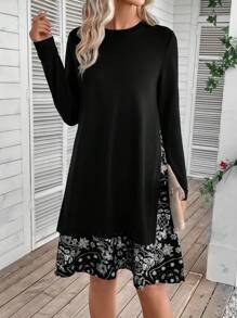 EMERY ROSE Paisley Print Ruffle Hem Dress - Black - View 5