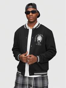 Afdhal Studio Guys Slogan Graphic Striped Trim Bomber Jacket - Black - View 1