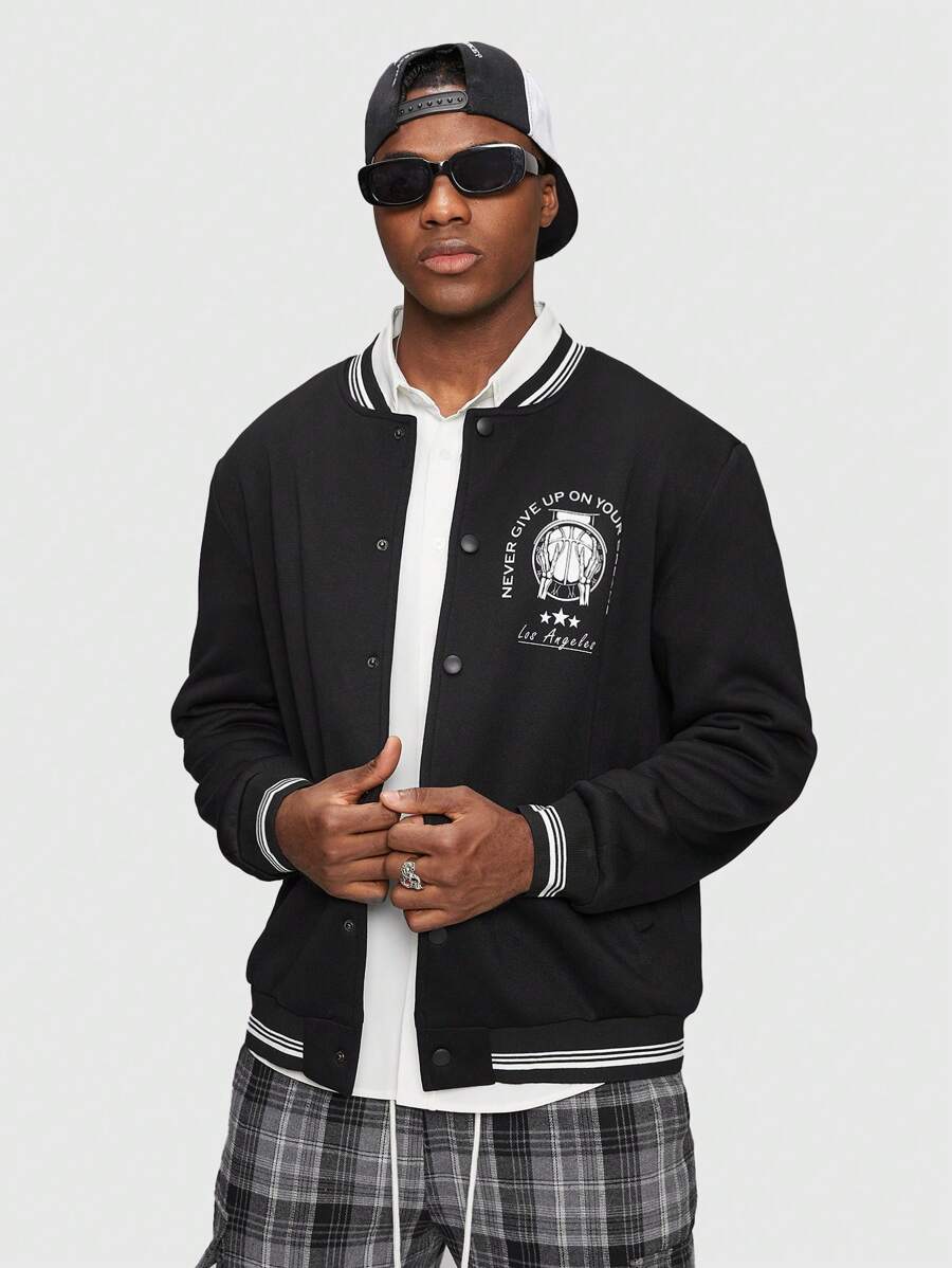 Afdhal Studio Guys Slogan Graphic Striped Trim Bomber Jacket - Black - View 1