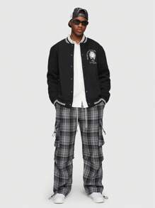 Afdhal Studio Guys Slogan Graphic Striped Trim Bomber Jacket - Black - View 2