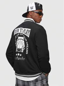 Afdhal Studio Guys Slogan Graphic Striped Trim Bomber Jacket - Black - View 3