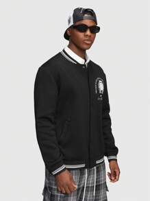 Afdhal Studio Guys Slogan Graphic Striped Trim Bomber Jacket - Black - View 5