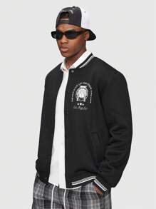 Afdhal Studio Guys Slogan Graphic Striped Trim Bomber Jacket - Black - View 6