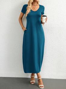 SHEIN Essnce Solid Hidden Pocket Tee Dress - Blue - View 1