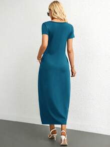SHEIN Essnce Solid Hidden Pocket Tee Dress - Blue - View 2