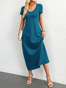 SHEIN Essnce Solid Hidden Pocket Tee Dress - Blue - View 3