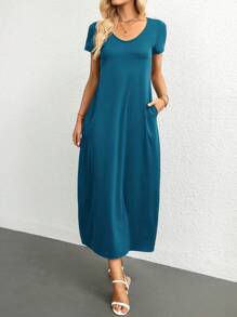 SHEIN Essnce Solid Hidden Pocket Tee Dress - Blue - View 4