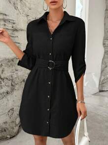 SHEIN Essnce Roll Tab Sleeve Belted Shirt Dress - Black - View 6