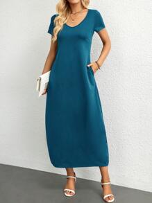 SHEIN Essnce Solid Hidden Pocket Tee Dress - Blue - View 5