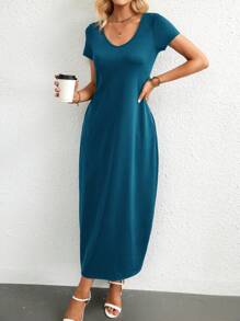 SHEIN Essnce Solid Hidden Pocket Tee Dress - Blue - View 6