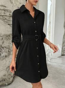 SHEIN Essnce Roll Tab Sleeve Belted Shirt Dress - Black - View 3