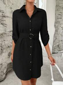 SHEIN Essnce Roll Tab Sleeve Belted Shirt Dress - Black - View 4