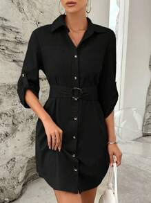 SHEIN Essnce Roll Tab Sleeve Belted Shirt Dress - Black - View 5